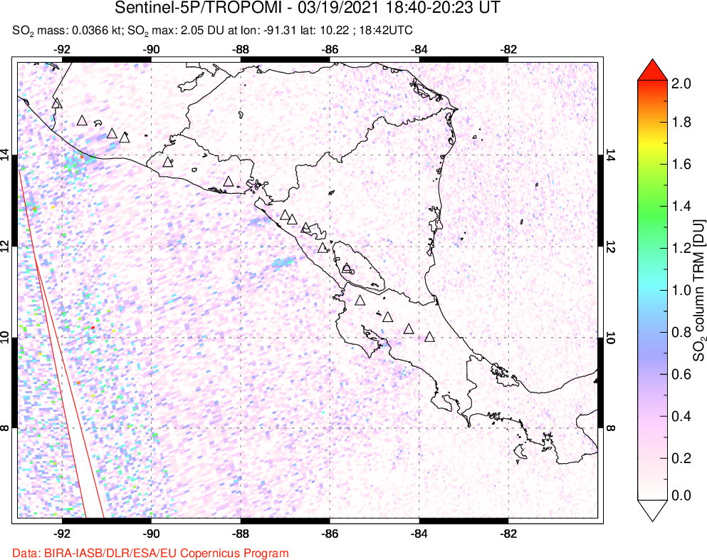 A sulfur dioxide image over Central America on Mar 19, 2021.