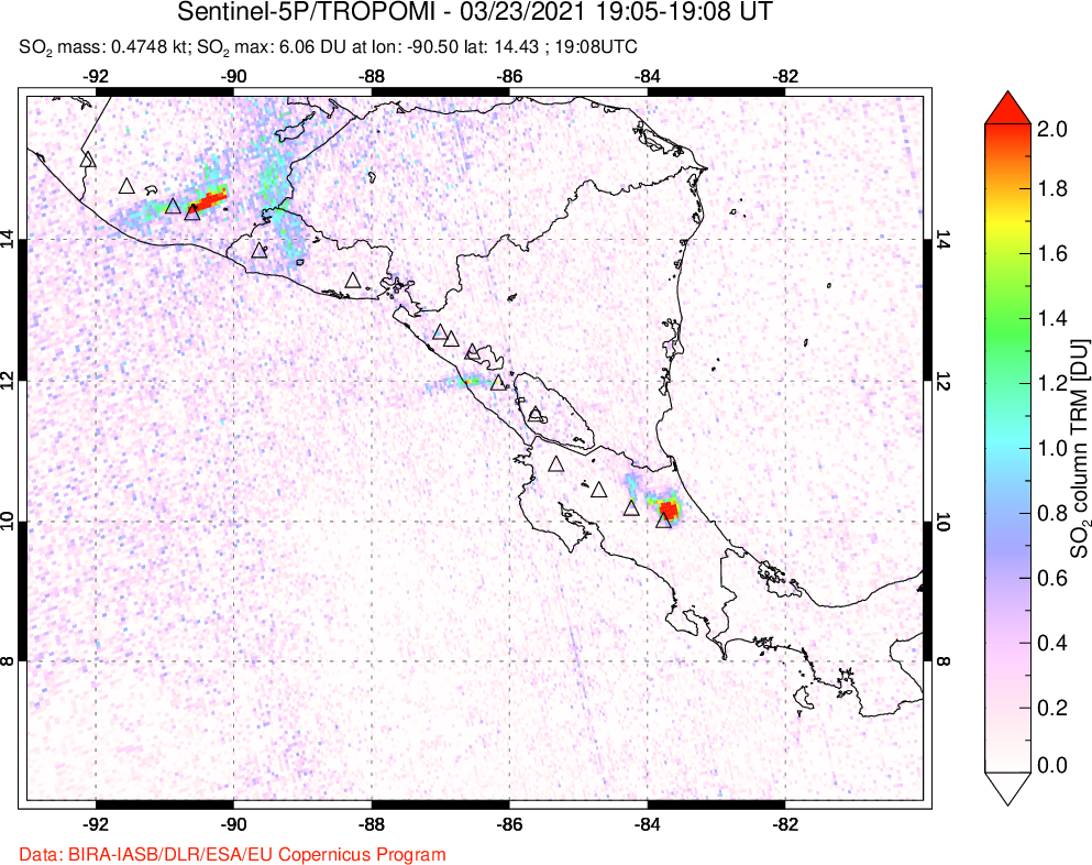 A sulfur dioxide image over Central America on Mar 23, 2021.