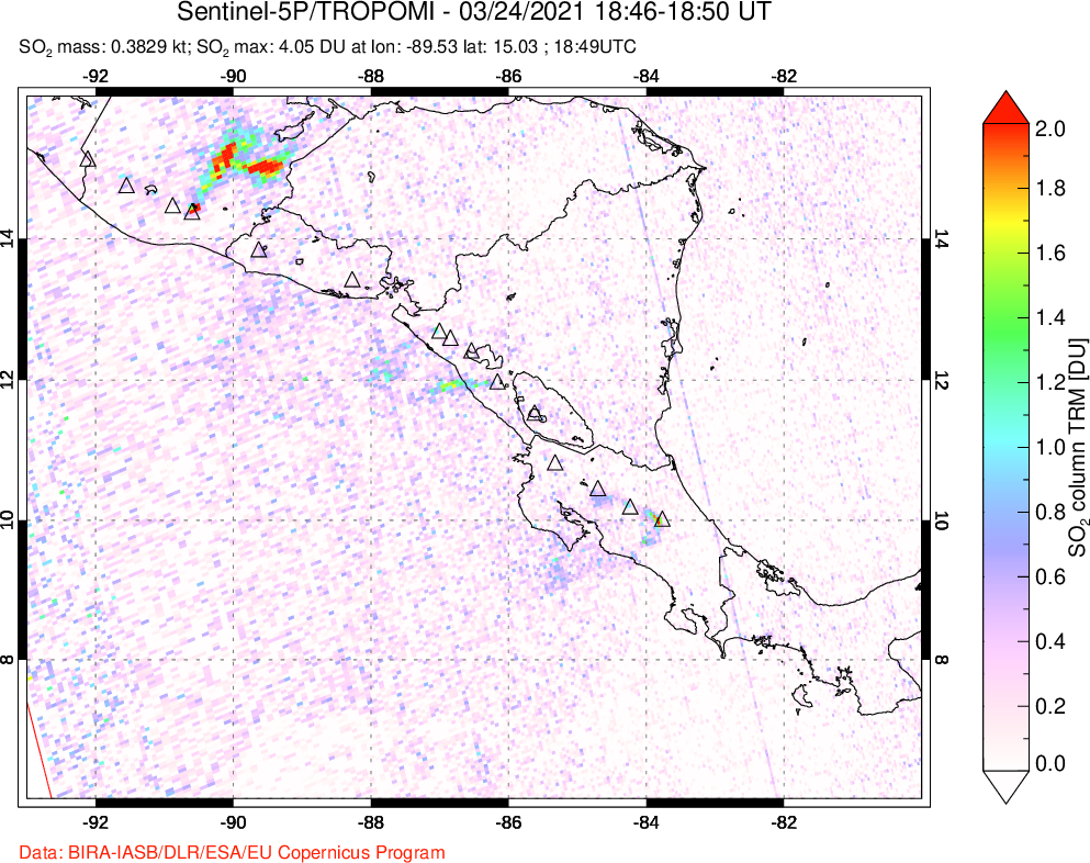 A sulfur dioxide image over Central America on Mar 24, 2021.