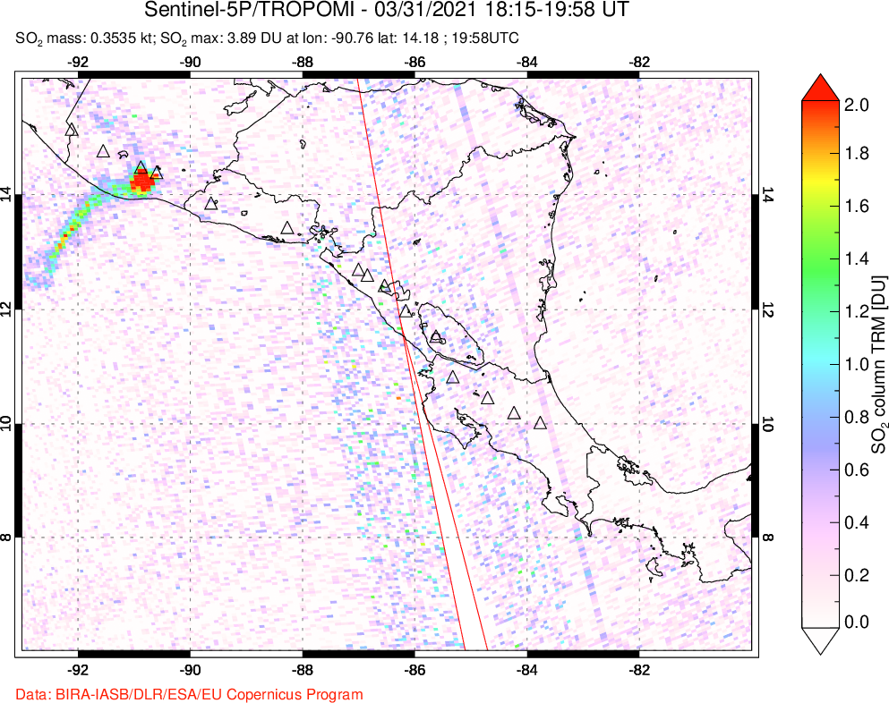 A sulfur dioxide image over Central America on Mar 31, 2021.