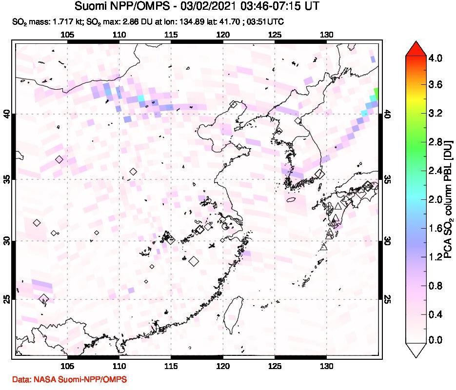 A sulfur dioxide image over Eastern China on Mar 02, 2021.