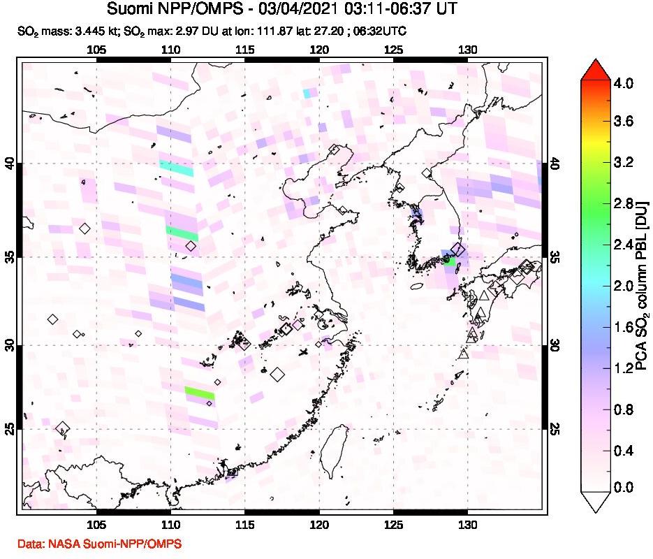 A sulfur dioxide image over Eastern China on Mar 04, 2021.