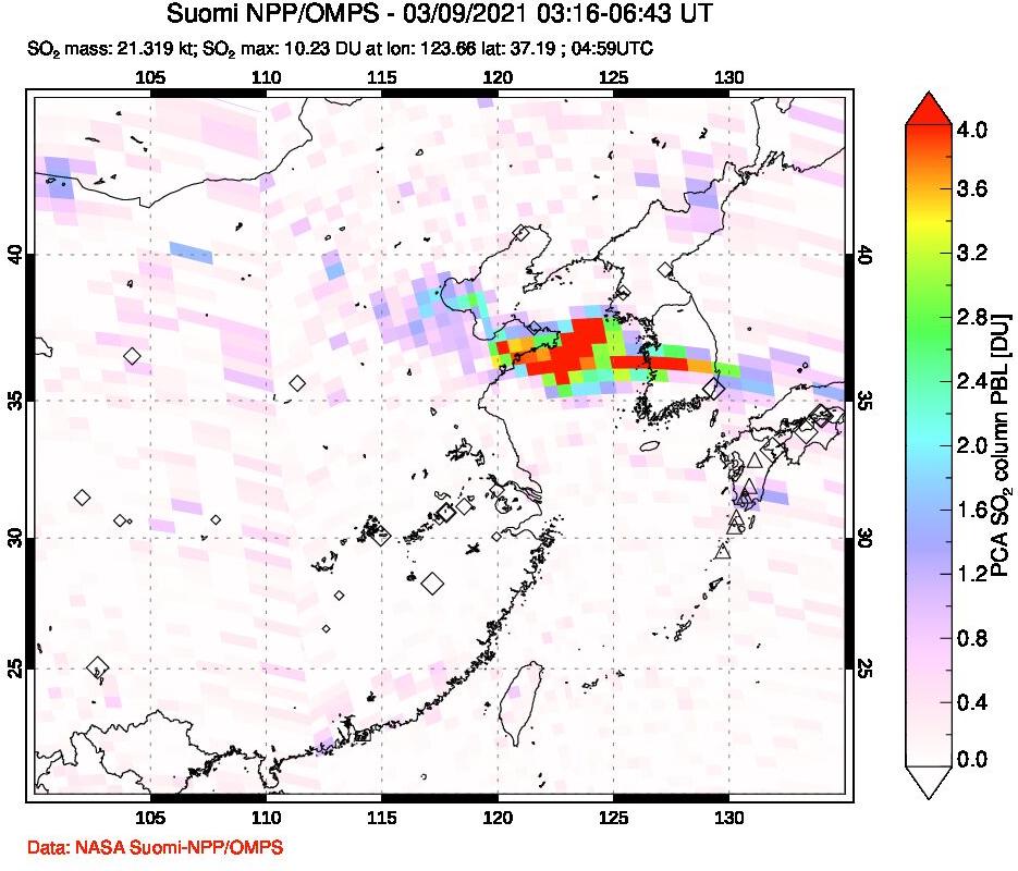 A sulfur dioxide image over Eastern China on Mar 09, 2021.
