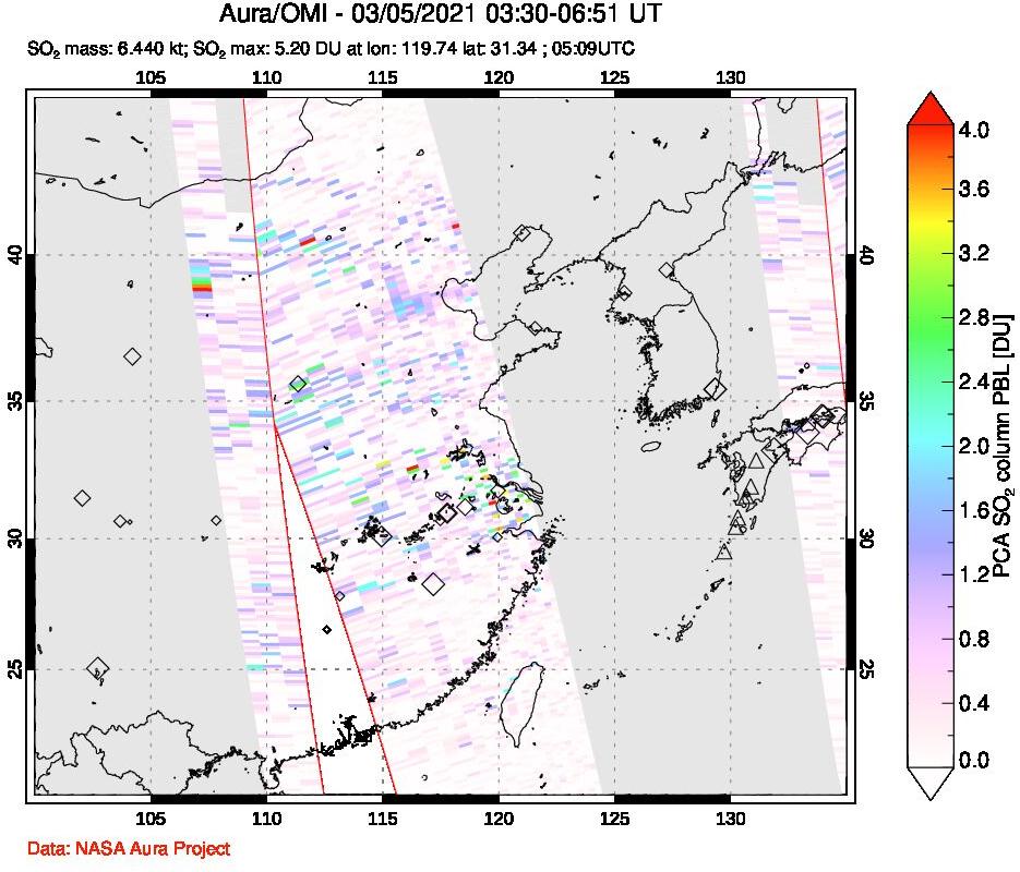 A sulfur dioxide image over Eastern China on Mar 05, 2021.