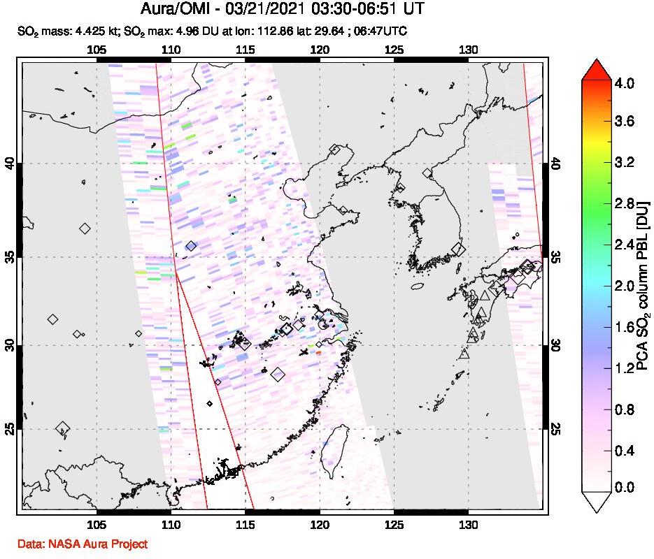 A sulfur dioxide image over Eastern China on Mar 21, 2021.