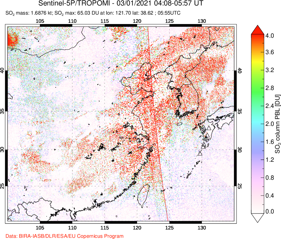 A sulfur dioxide image over Eastern China on Mar 01, 2021.