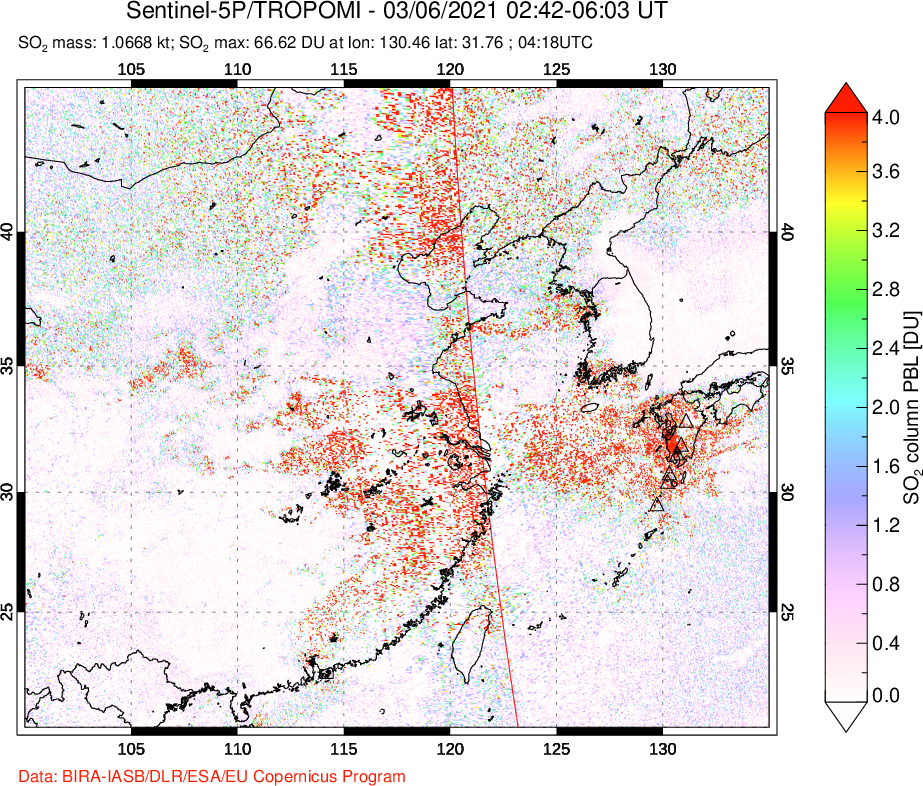 A sulfur dioxide image over Eastern China on Mar 06, 2021.