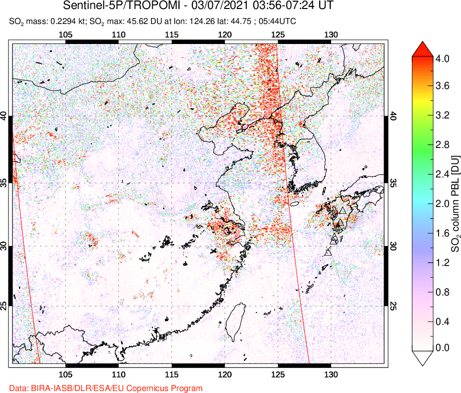 A sulfur dioxide image over Eastern China on Mar 07, 2021.