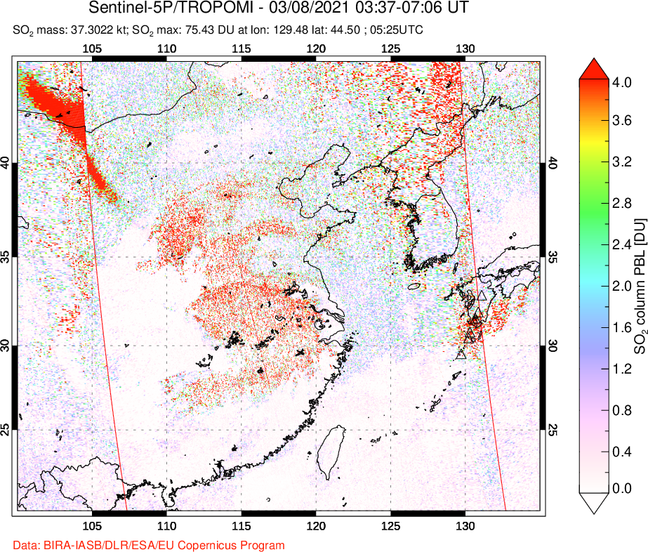 A sulfur dioxide image over Eastern China on Mar 08, 2021.