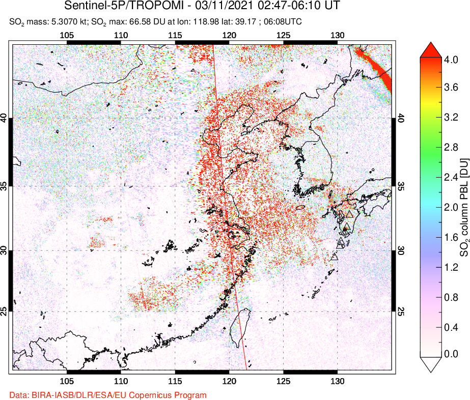 A sulfur dioxide image over Eastern China on Mar 11, 2021.