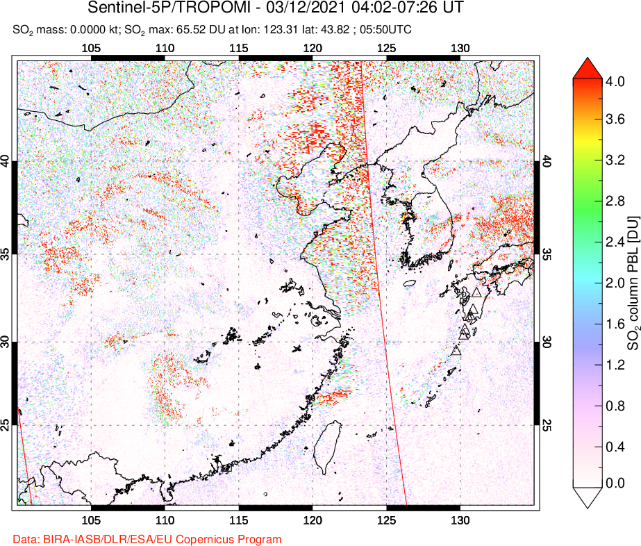 A sulfur dioxide image over Eastern China on Mar 12, 2021.