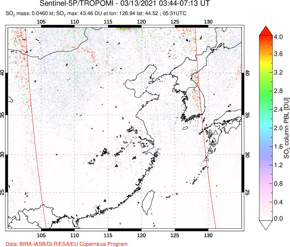 A sulfur dioxide image over Eastern China on Mar 13, 2021.