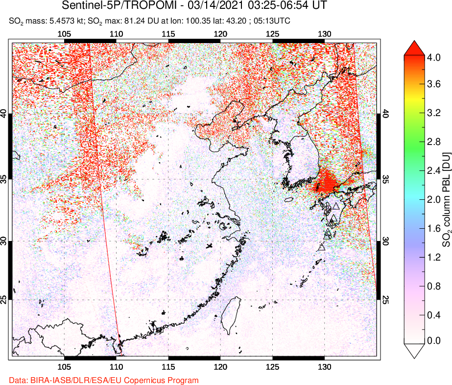 A sulfur dioxide image over Eastern China on Mar 14, 2021.