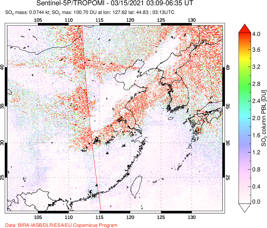 A sulfur dioxide image over Eastern China on Mar 15, 2021.