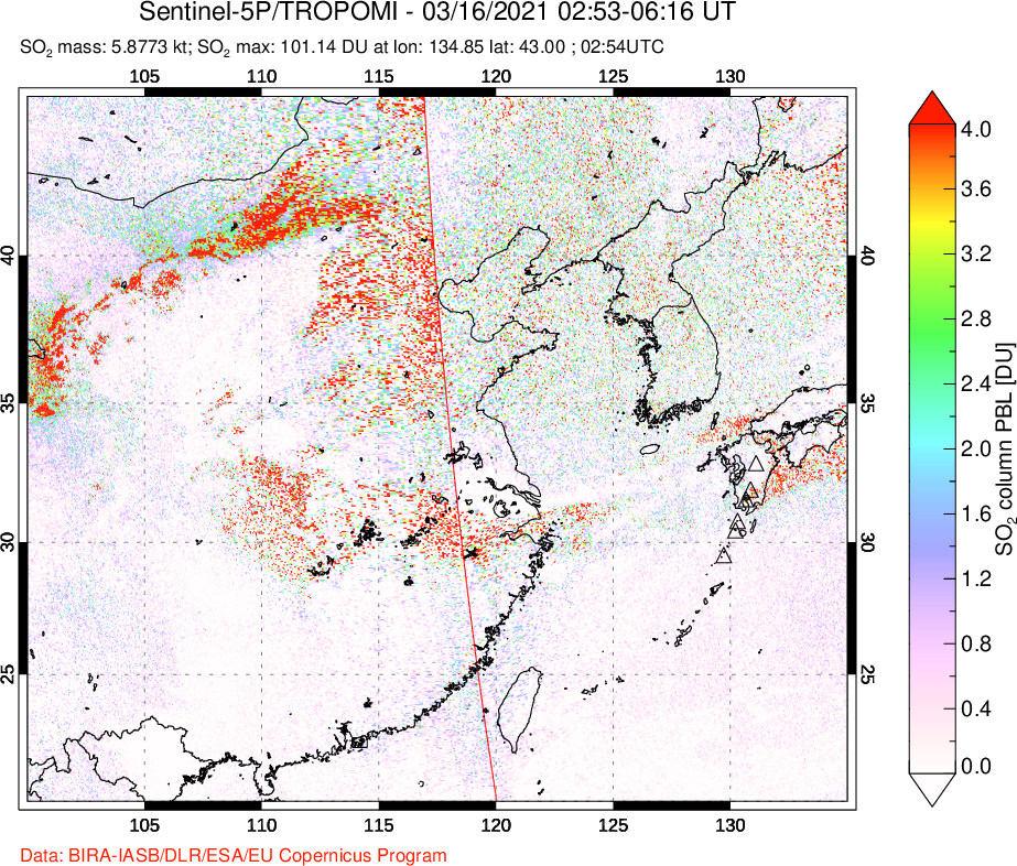 A sulfur dioxide image over Eastern China on Mar 16, 2021.