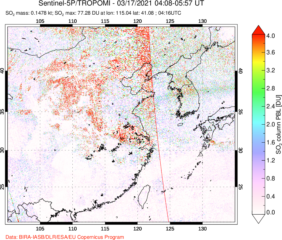A sulfur dioxide image over Eastern China on Mar 17, 2021.