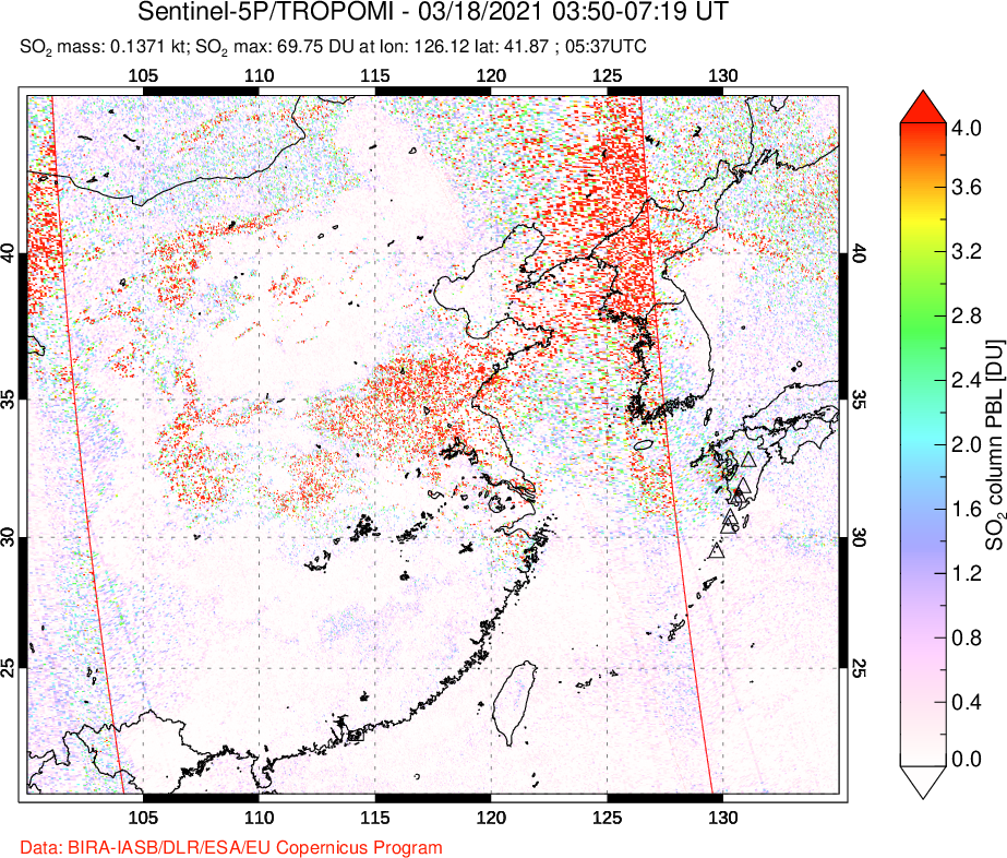 A sulfur dioxide image over Eastern China on Mar 18, 2021.