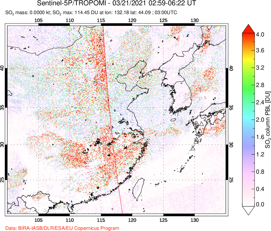 A sulfur dioxide image over Eastern China on Mar 21, 2021.