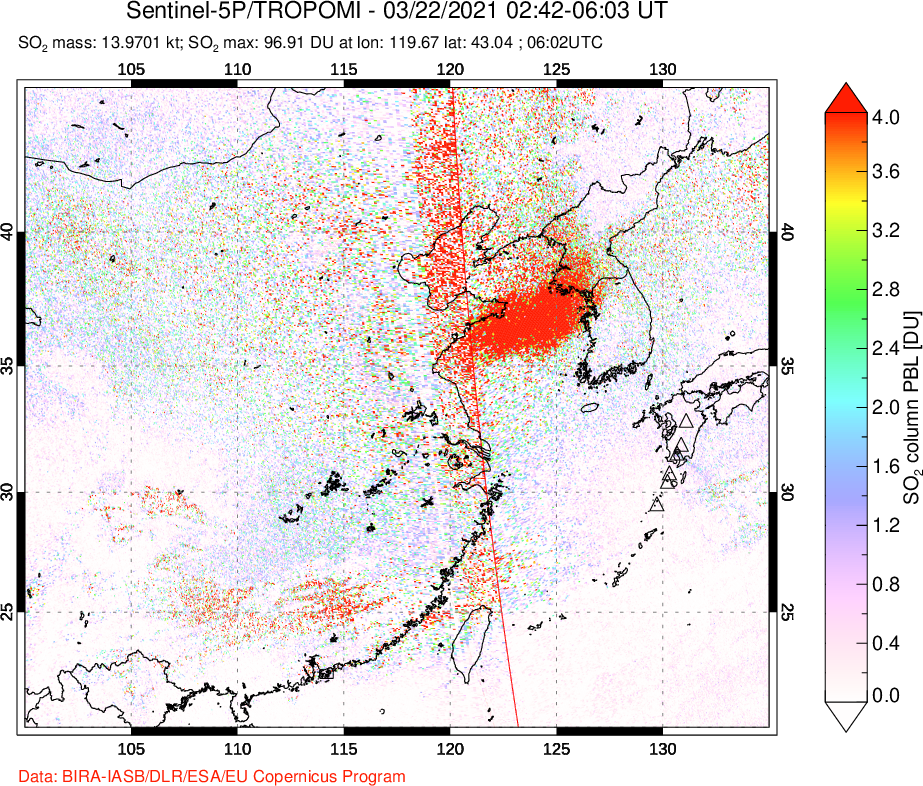 A sulfur dioxide image over Eastern China on Mar 22, 2021.