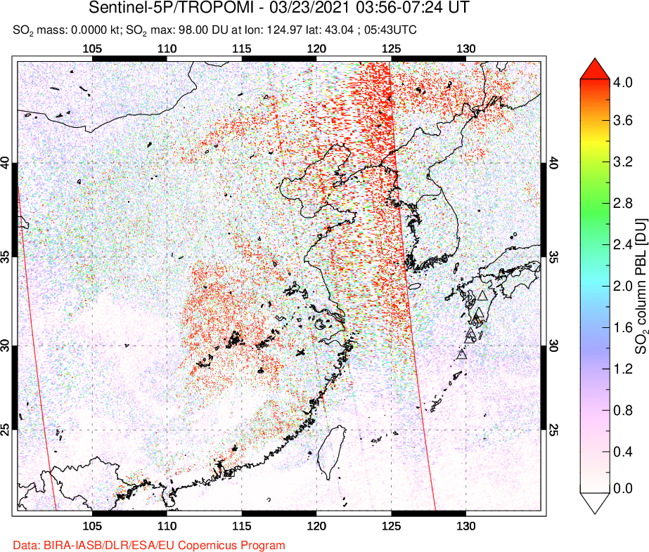A sulfur dioxide image over Eastern China on Mar 23, 2021.