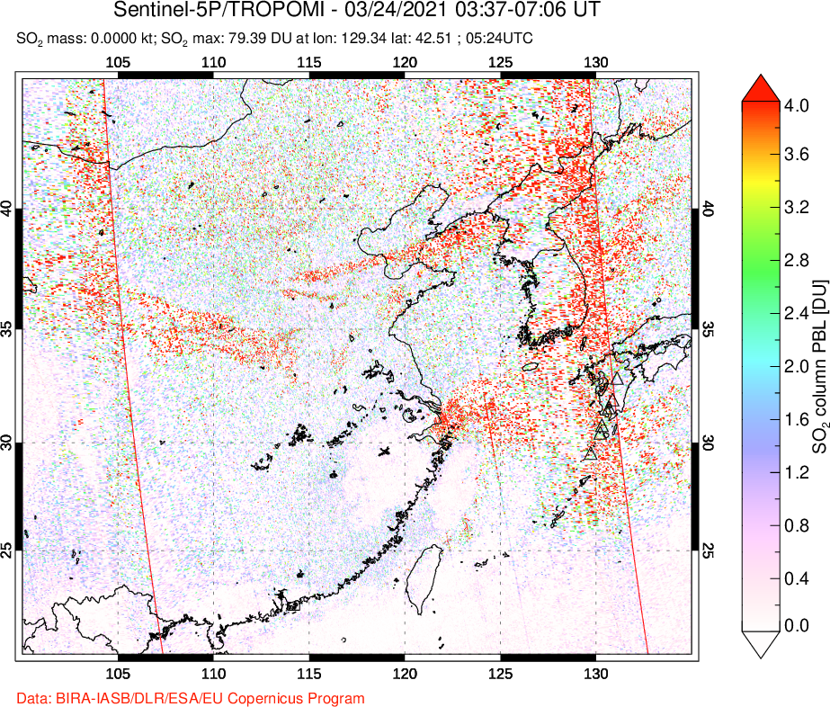A sulfur dioxide image over Eastern China on Mar 24, 2021.