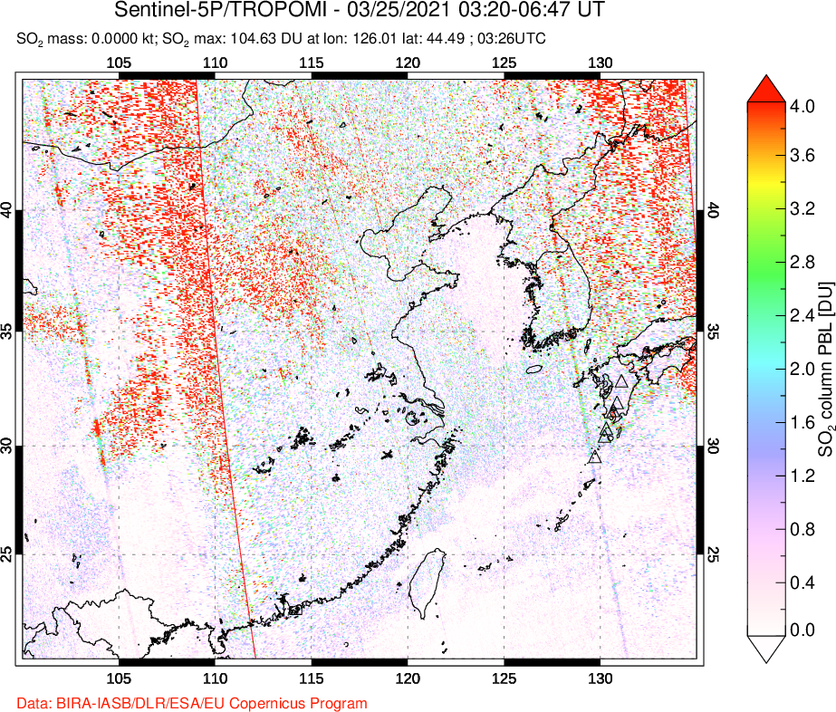 A sulfur dioxide image over Eastern China on Mar 25, 2021.