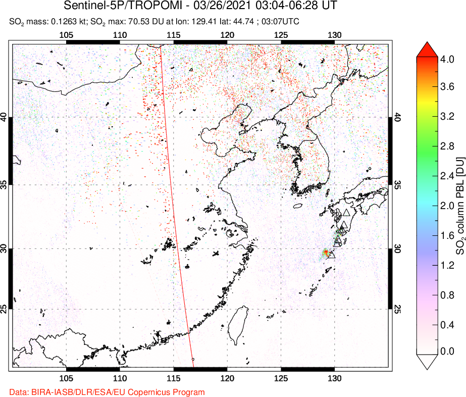 A sulfur dioxide image over Eastern China on Mar 26, 2021.
