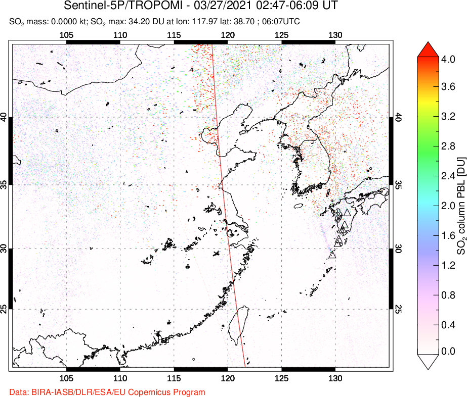 A sulfur dioxide image over Eastern China on Mar 27, 2021.