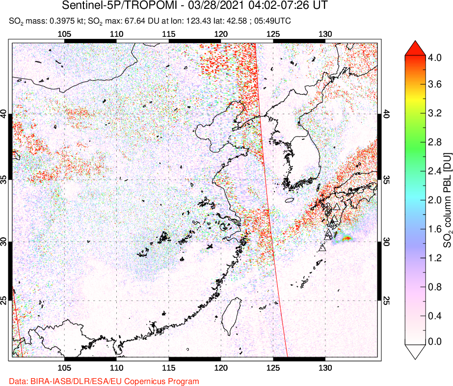 A sulfur dioxide image over Eastern China on Mar 28, 2021.