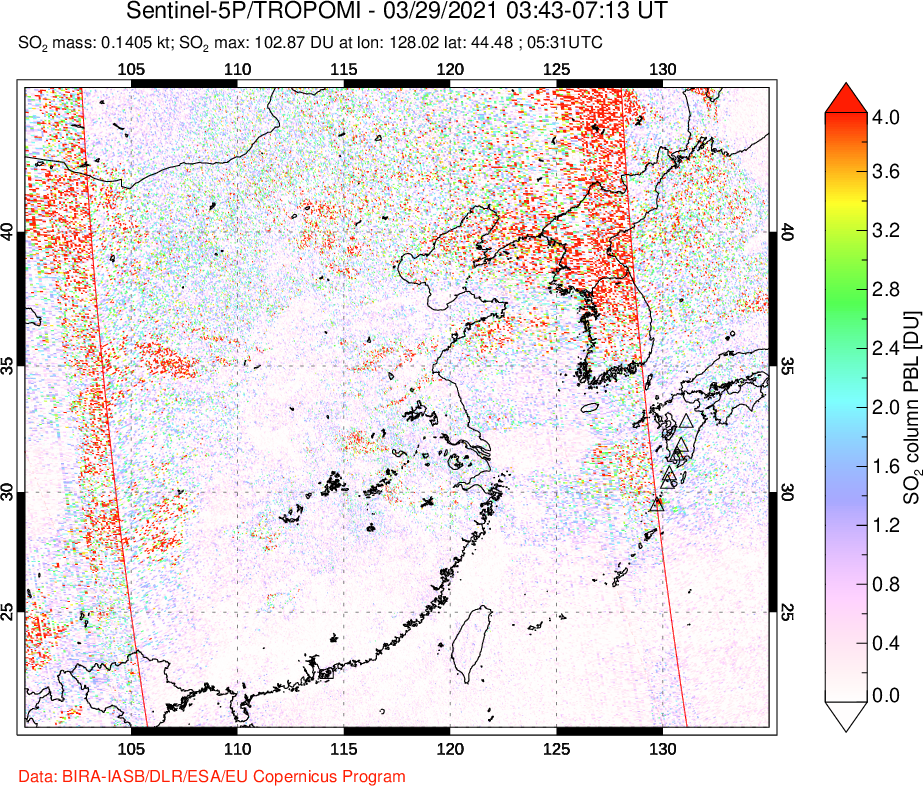 A sulfur dioxide image over Eastern China on Mar 29, 2021.