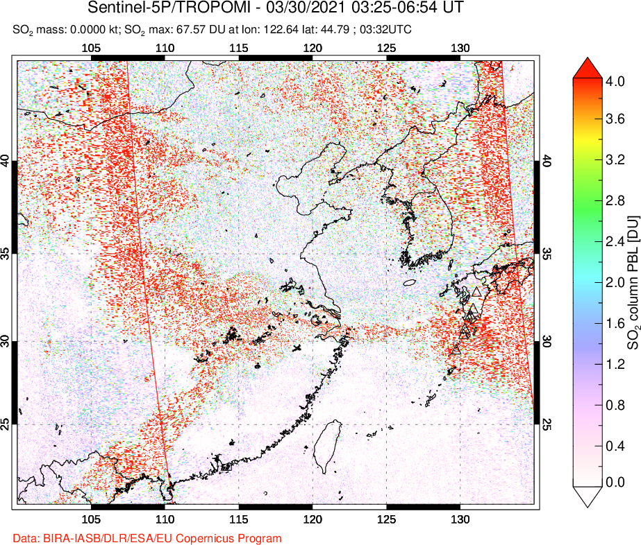 A sulfur dioxide image over Eastern China on Mar 30, 2021.