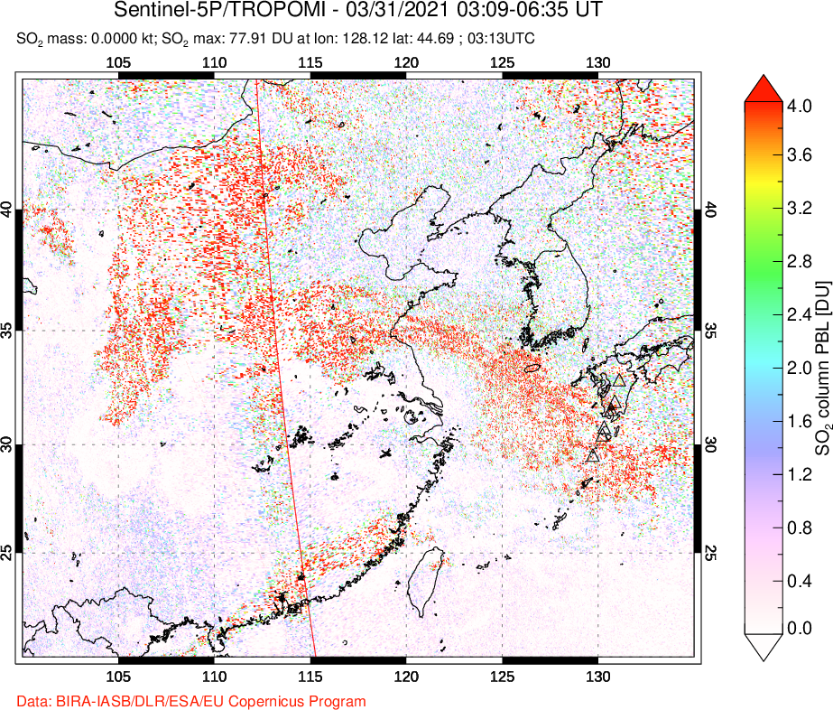 A sulfur dioxide image over Eastern China on Mar 31, 2021.