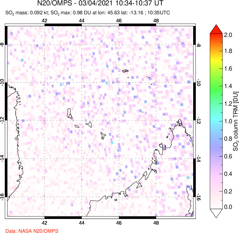 A sulfur dioxide image over Comoro Islands on Mar 04, 2021.