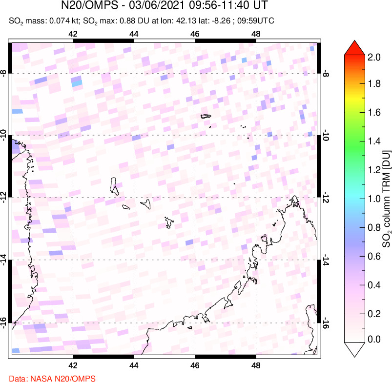 A sulfur dioxide image over Comoro Islands on Mar 06, 2021.