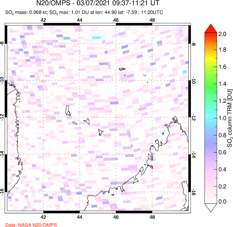 A sulfur dioxide image over Comoro Islands on Mar 07, 2021.