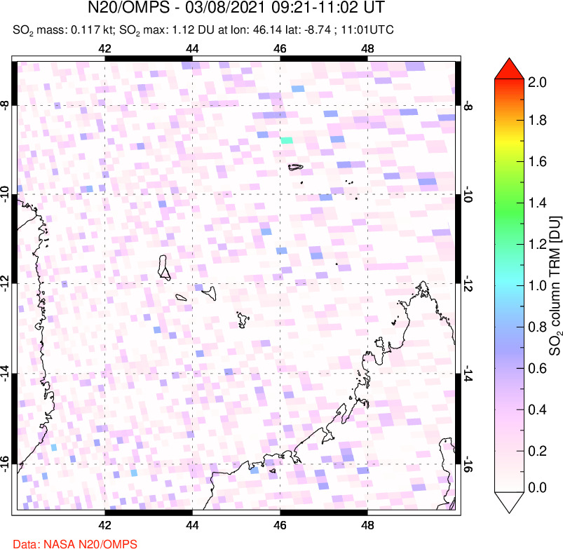A sulfur dioxide image over Comoro Islands on Mar 08, 2021.