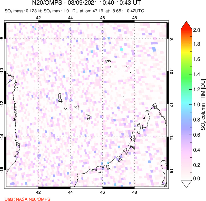 A sulfur dioxide image over Comoro Islands on Mar 09, 2021.