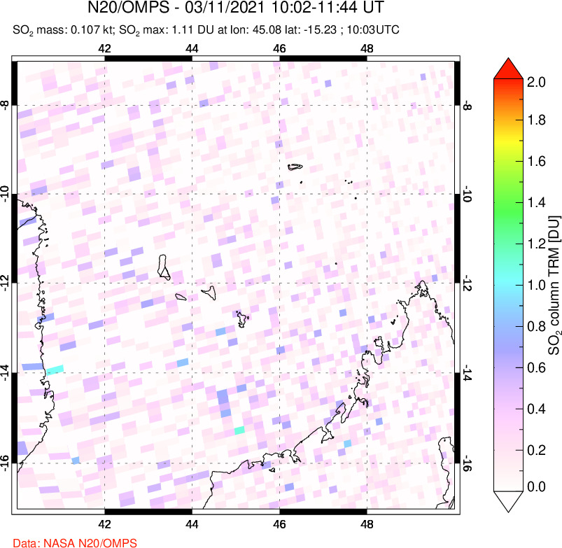 A sulfur dioxide image over Comoro Islands on Mar 11, 2021.