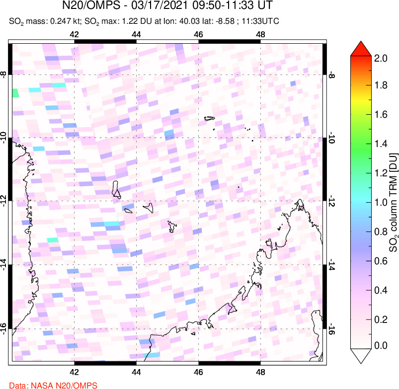 A sulfur dioxide image over Comoro Islands on Mar 17, 2021.