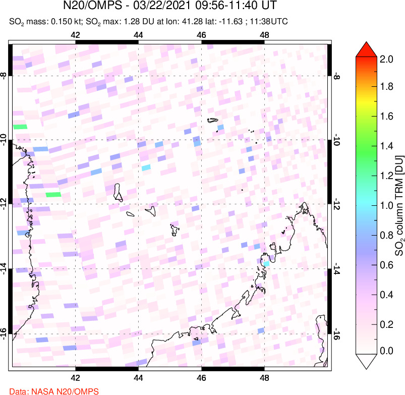 A sulfur dioxide image over Comoro Islands on Mar 22, 2021.