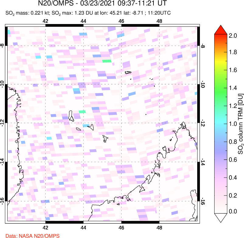 A sulfur dioxide image over Comoro Islands on Mar 23, 2021.