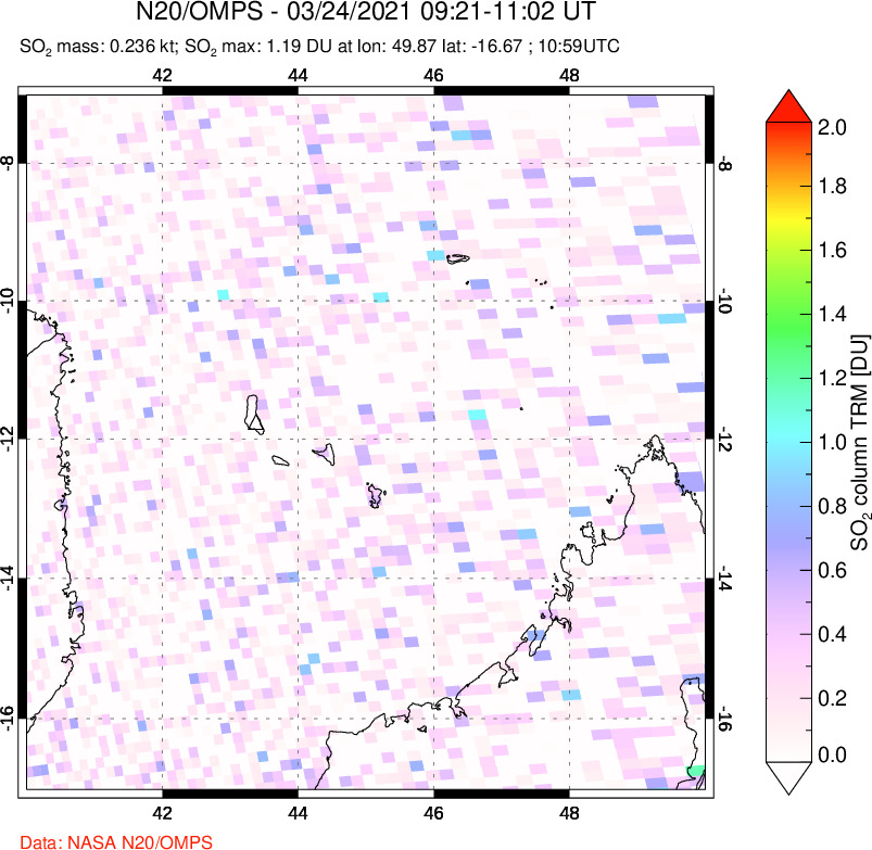 A sulfur dioxide image over Comoro Islands on Mar 24, 2021.