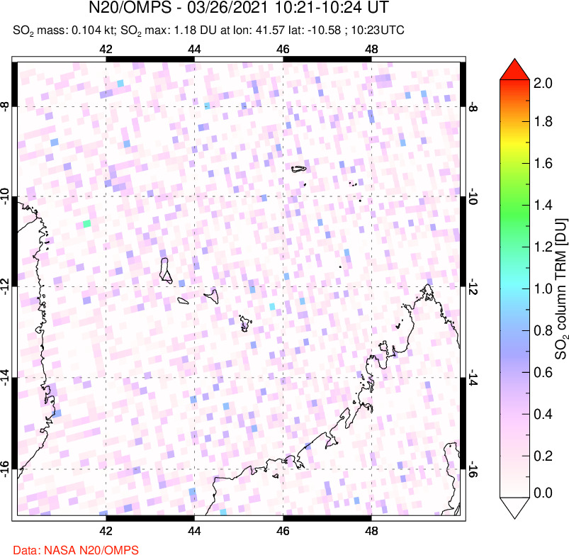 A sulfur dioxide image over Comoro Islands on Mar 26, 2021.