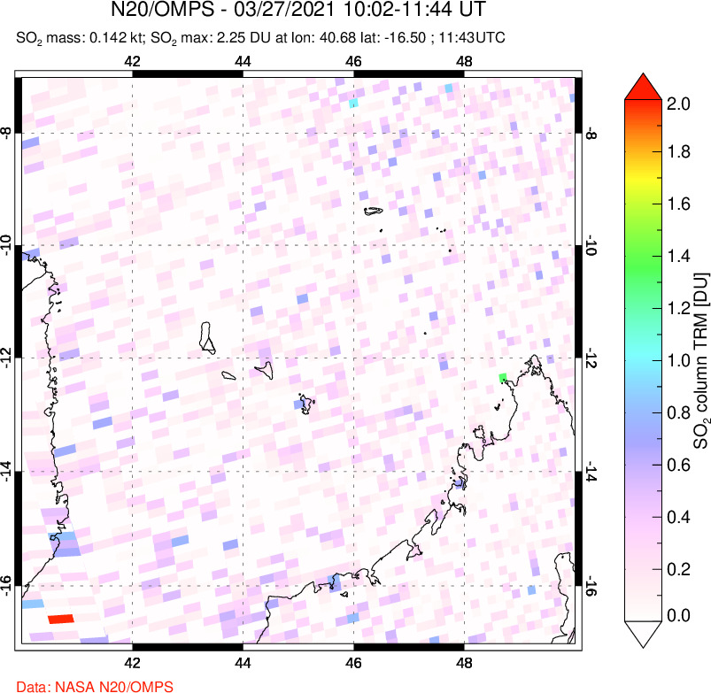 A sulfur dioxide image over Comoro Islands on Mar 27, 2021.