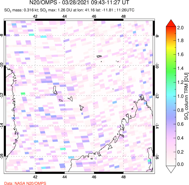 A sulfur dioxide image over Comoro Islands on Mar 28, 2021.