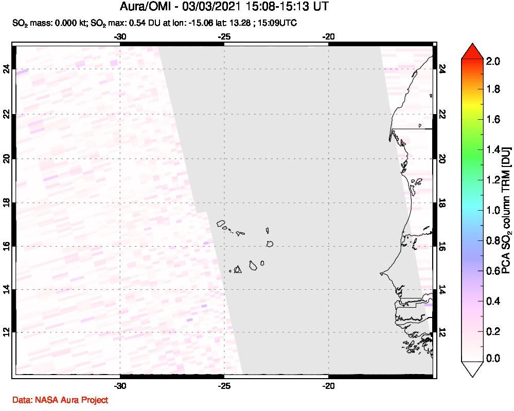 A sulfur dioxide image over Cape Verde Islands on Mar 03, 2021.