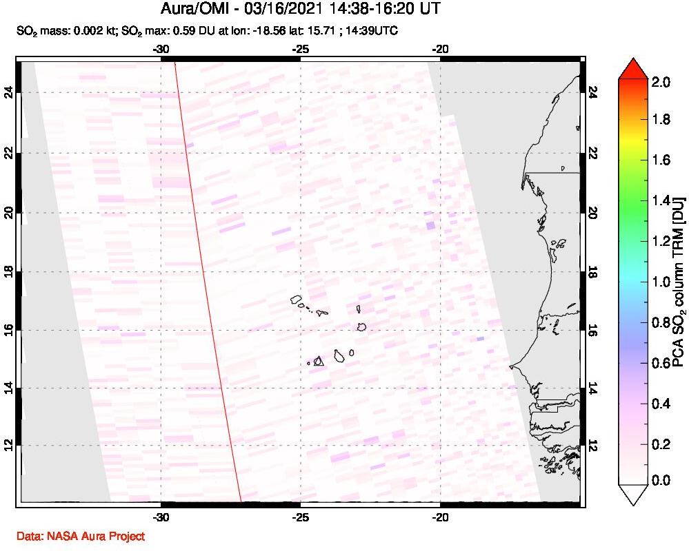 A sulfur dioxide image over Cape Verde Islands on Mar 16, 2021.