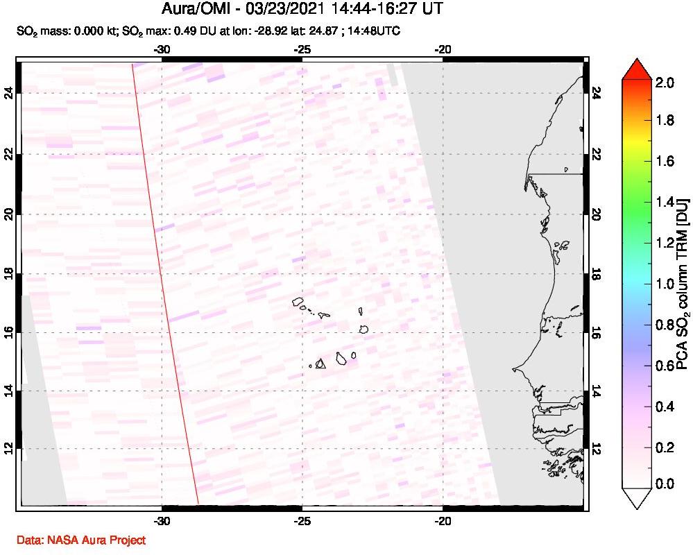 A sulfur dioxide image over Cape Verde Islands on Mar 23, 2021.