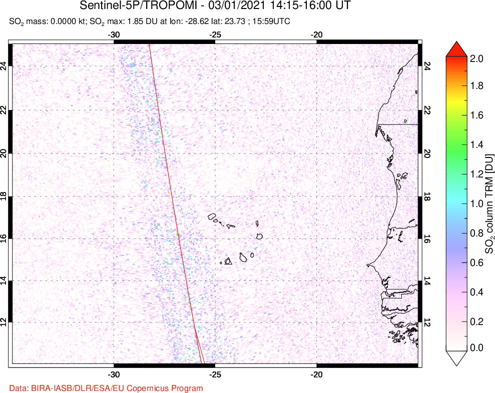 A sulfur dioxide image over Cape Verde Islands on Mar 01, 2021.