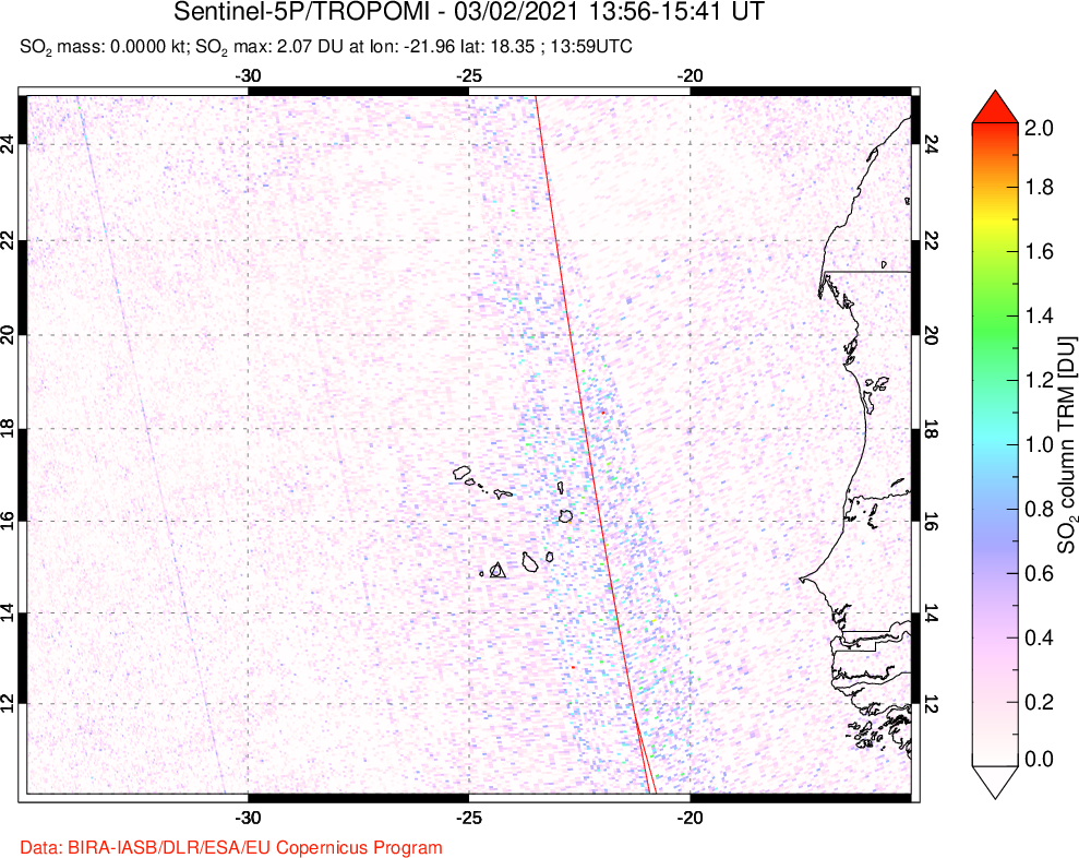 A sulfur dioxide image over Cape Verde Islands on Mar 02, 2021.